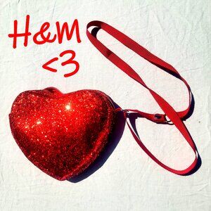 H&M Micro Purse Heart Shape Soft Clasped Wristlet Strap Shiny Glitter Ruby Red